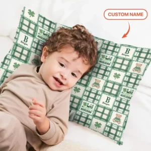 Custom Name Teddy Bear Gingham St. Patrick's Day Bamboo Pillow Case