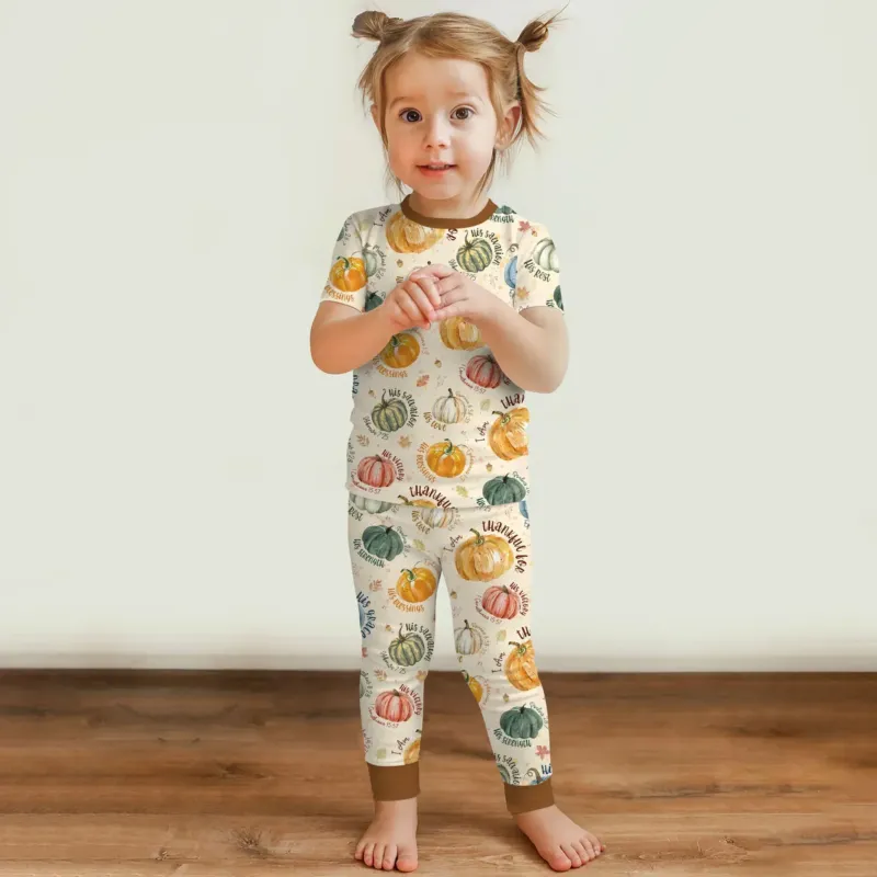 Christian Thanksgiving Two Piece Short Sleeve Pajama Set , Christian Thanksgiving Two Piece Short Sleeve Pajama Set - 12-18M / Chocolate Brown