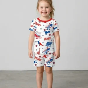 Custom Name Patriotic Dinosaur Bamboo Two Piece Short Sleeve Shorts Pajama Set