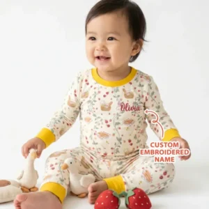 Custom Name Embroidered Picnic Time Bamboo Two Piece Long Sleeve Pajama Set
