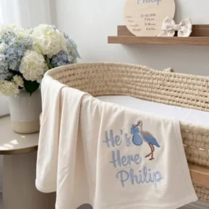 Personalized He's Here Embroidered Bamboo Blanket
