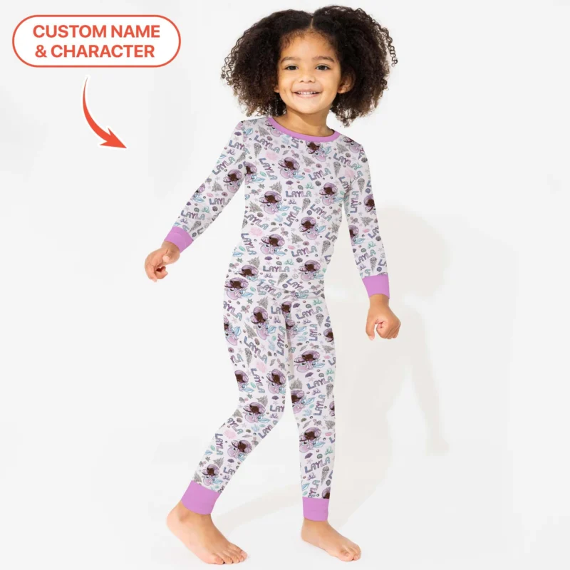 Custom Name Doodle Little Mermaid Bamboo Two Piece Long Sleeve Pajama Set