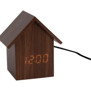 Hausförmiger LED-Wecker aus dunklem Holz mit LED-Digitalanzeige 12:08 und Kabel