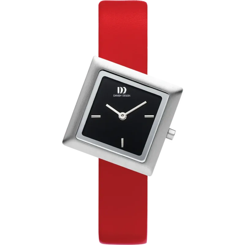 Danish Design Tilt Damen-Armbanduhr: rotes Lederband, schwarzes Viereckzifferblatt