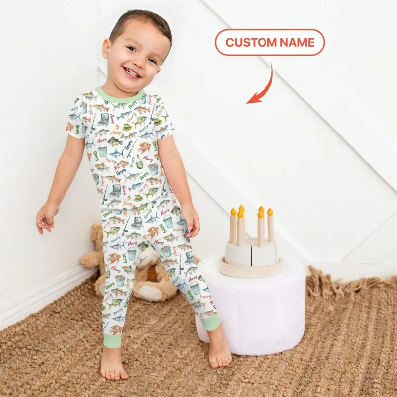 Happy Fishing Adventure Custom Name Bamboo Two Piece Short Sleeve Pajama Set