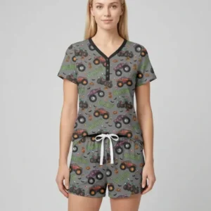 Custom Name Haunted Monster Trucks Bamboo Women Short Sleeve Short Pajama Set