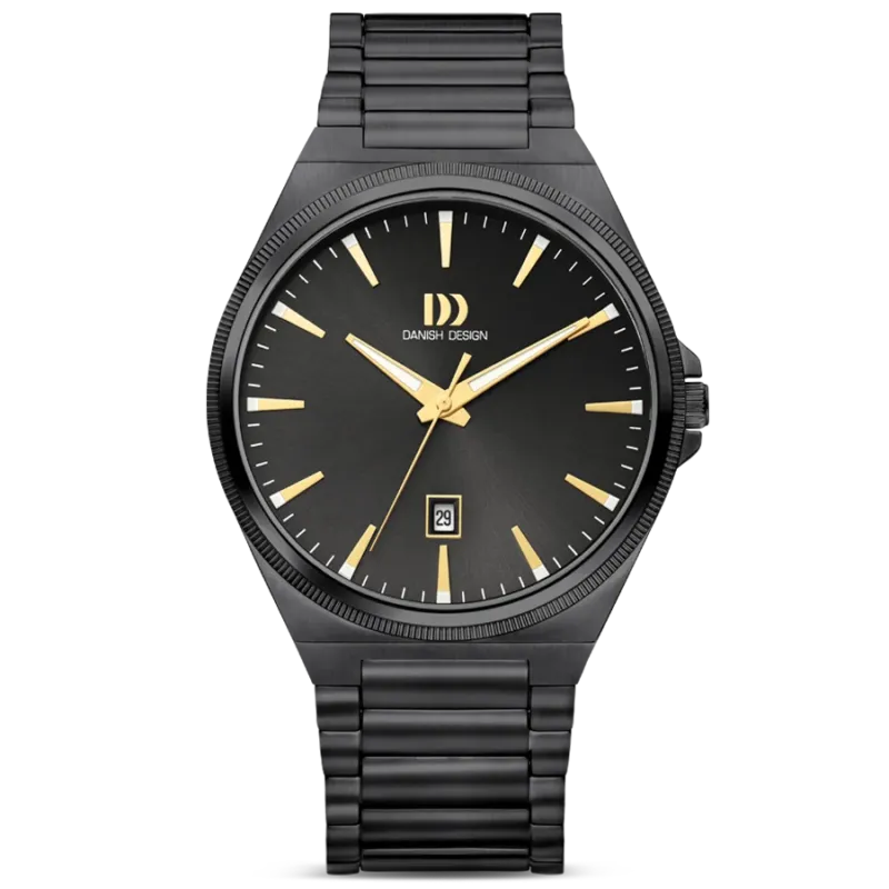 Herrenarmbanduhr Danish Design mit schwarzem Zifferblatt, Datumsanzeige, gelben Zeigern, Metallarmband