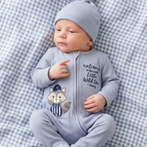 Custom Name Little Wild One Raccoon Embroidered Ribbed Bamboo Zipper Footie