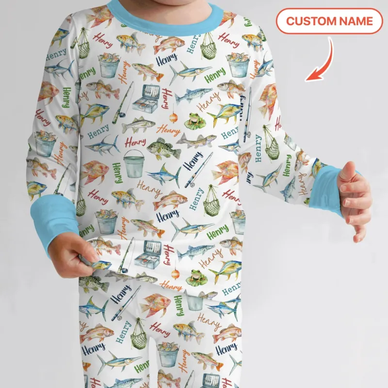 Happy Fishing Adventure Custom Name Bamboo Two Piece Long Sleeve Pajama Set
