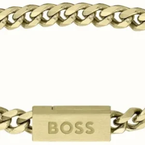 Edelstahl-Armband als Kettenarmband, goldfarbene Gliederkette mit BOSS-Verschluss.