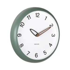 Wanduhr mit Dschungelgrünem Rahmen, weißem Zifferblatt und braunen Zeigern
