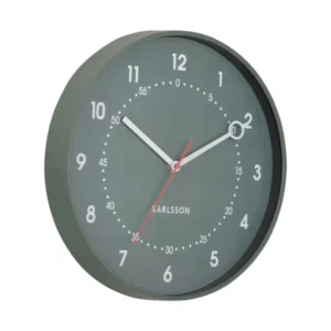 Wanduhr mit rundem Zifferblatt in Grün, weißen Stundenmarken und Zeigern