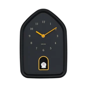 Wanduhr mit schwarzem Gehäuse und Hundemotiv, goldenen Zeigern