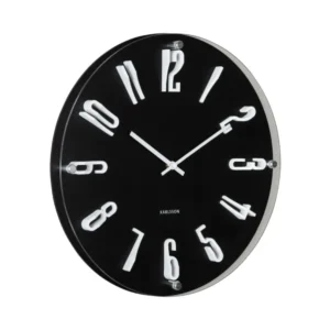 Schwarze runde Wanduhr ohne Rahmen mit weißen Strichindizes und Zeigern