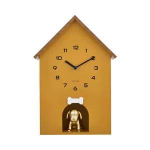 Wanduhr im Hundehäuschen-Design, ockerfarben, mit Kuckuck und Ziffernblatt