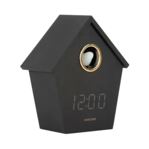 Schwarzer LED-Kuckuckswecker: Hausform mit Frontöffnung und LED-Display 12:00
