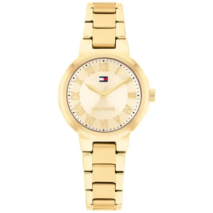 Tommy Hilfiger Damenarmbanduhr, goldfarbener Metallarmbandreif, rundes Zifferblatt