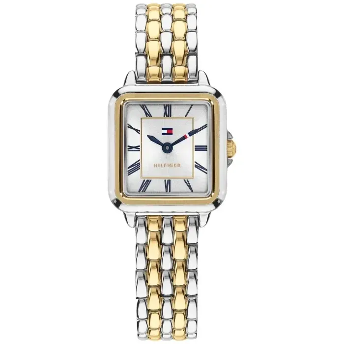 Tommy Hilfiger Damenarmbanduhr: Quarz, zweifarbiges Stahlband, rechteckiges Zifferblatt