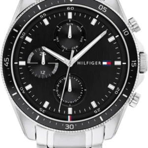 Tommy Hilfiger Parker Herrenuhr mit schwarzem Zifferblatt und Edelstahlarmband, Chronograph.
