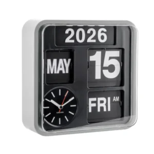 Wanduhr mit Klappzahlen, silberner Rahmen; Anzeige 2026, MAY 15, FRI und Uhrwerk