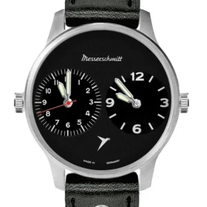 Messerschmitt Herrenarmbanduhr mit schwarzem Zifferblatt, Lederarmband und zwei Zeitzonen