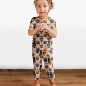Groovy Halloween Disco Cat Bamboo Two Piece Short Sleeve Pajama Set