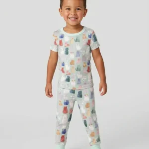 Enchanted Happy Kitty Family Matching Bamboo Two Piece Short Sleeve Pajama Set