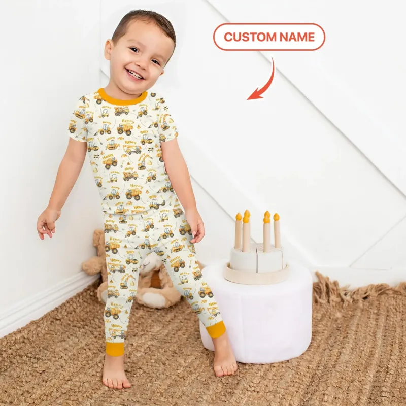Constructions Machines Custom Name Bamboo Two Piece Short Sleeve Pajama Set