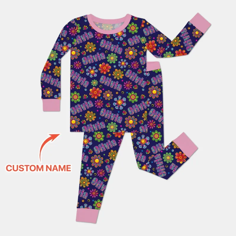 Custom Name Rainbow Hippie Flowers Bamboo Two Piece Long Sleeve Pajama Set
