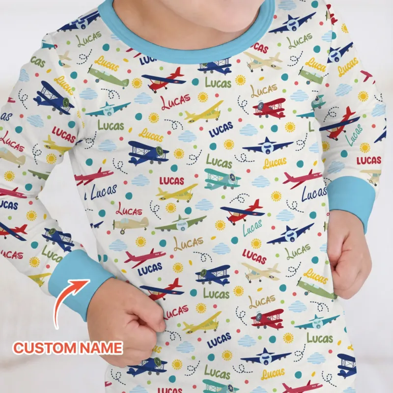 Custom Name Air Transport Bamboo Two Piece Long Sleeve Pajama Set