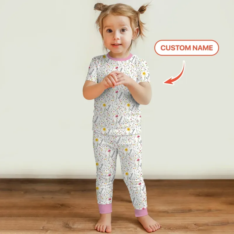 Birth Flower Custom Name Family Daughter Sister Bamboo Two Piece Short Sleeve Pajama Set