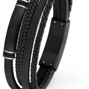 Mehrreihiges Lederarmband, schwarz, geflochtene Bänder und rechteckiger Verschluss