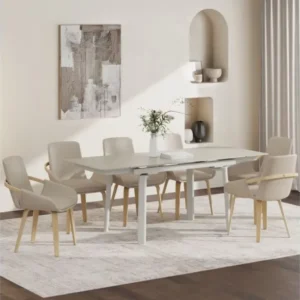 Bellaro and Caspian 7-piece dining set with travertine sintered stone extendable table in cream and sand faux leather chairs with light oak bentwood legs