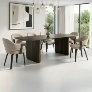 Bazul and Freya 7-piece dining set with solid mocha mango wood boat-shaped table and toffee herringbone dark walnut chairs