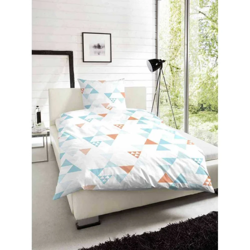 Hahn Microfaser Seersucker Bettwäsche Dreiecke Geometrisch Türkis Orange Weiß 135x200