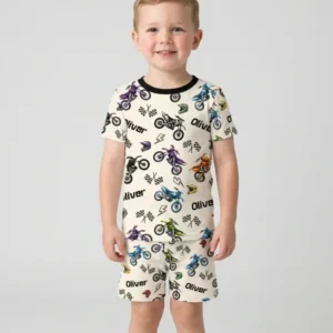Custom Name Little Dirt Bike Rider Bamboo Two Piece Short Sleeve Shorts Pajama Set