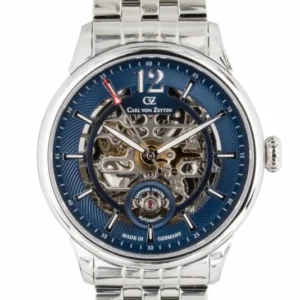 Herren-Automatikuhr mit skelettiertem Zifferblatt, blauem Ring und Metallarmband