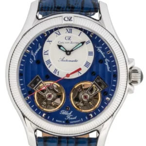 Herrenuhr mit blauem Lederband, blauem Zifferblatt, Automatikwerk und Saphirglas