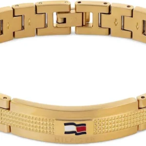 Gliederarmband aus Edelstahl mit goldfarbenen Gliedern, Logo und Flaggenanhänger