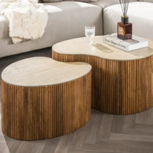 Couchtisch Tavara - 2er Set aus sandfarbenem Mangoholz mit Keramik-Tischplatte