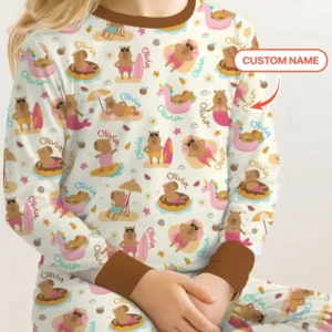 Don't Worry, Be Capy Custom Name Bamboo Two Piece Long Sleeve Pajama Set