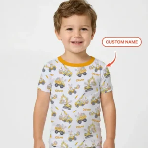 Custom Name Eggs-cavator Construction Bamboo Two Piece Short Sleeve Pajama Set
