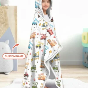 Construction Vehicles Custom Name Bamboo Wearable Hooded Blanket