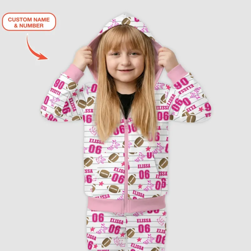 Custom Name Football Time Pink Bamboo Zip Hoodie