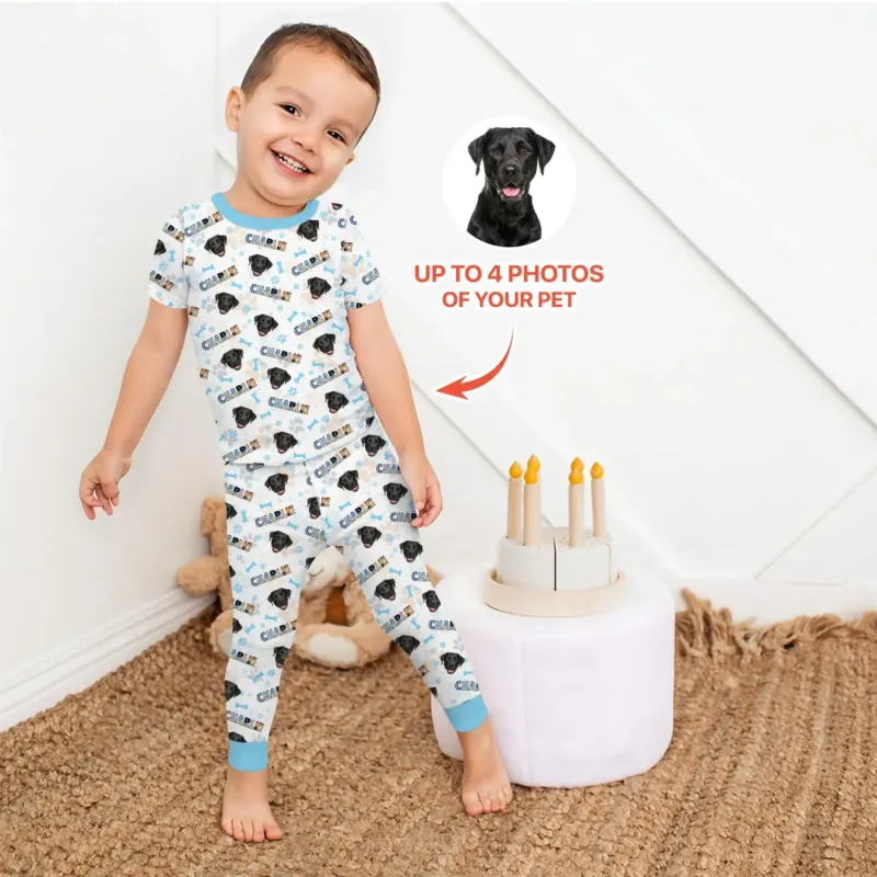 Custom Name Doodle Letters Blue Dog Bamboo Two Piece Short Sleeve Pajama Set