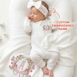 Personalized Flower Wreath Embroidered Waffle Bamboo Zipper Footie