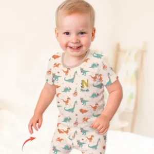 Embroidered Dinosaurs Bamboo Two Piece Short Sleeve Shorts Pajama Set