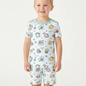 Kawaii Cats Summer Vacation Bamboo Two Piece Short Sleeve Shorts Pajama Set