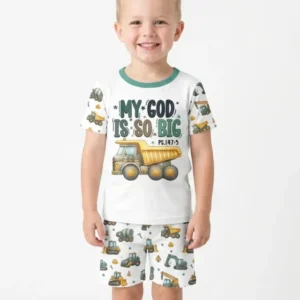 Construction Vehicles My God Is So Big Bamboo Two Piece Short Sleeve Shorts Pajama Set