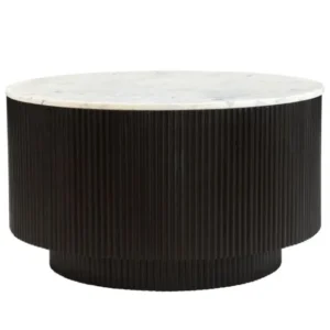 Reyna round coffee table with white marble top and black finish mango wood reeded base